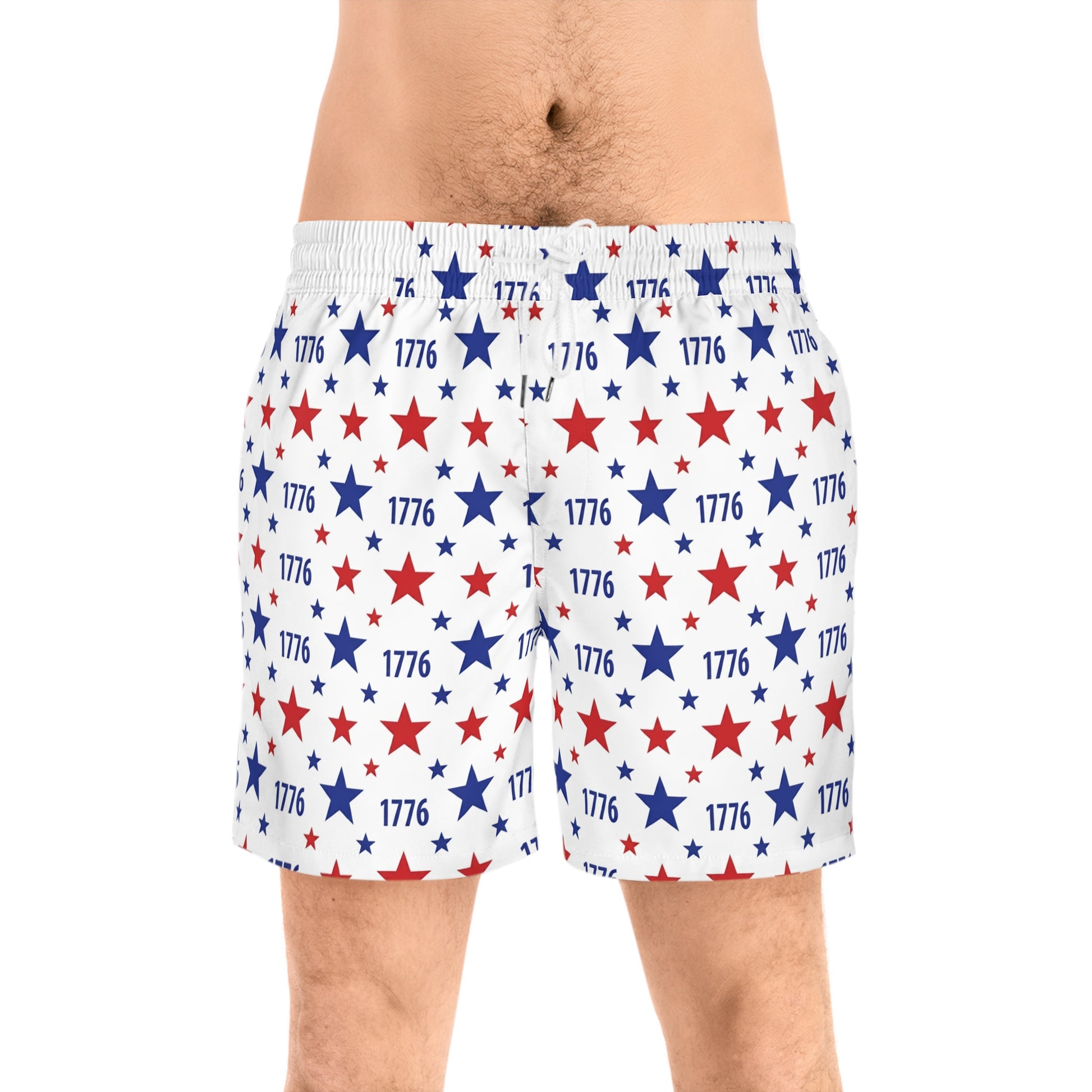 American flag swim shorts featuring red, white, and blue star patterns celebrating America's 250th anniversary.