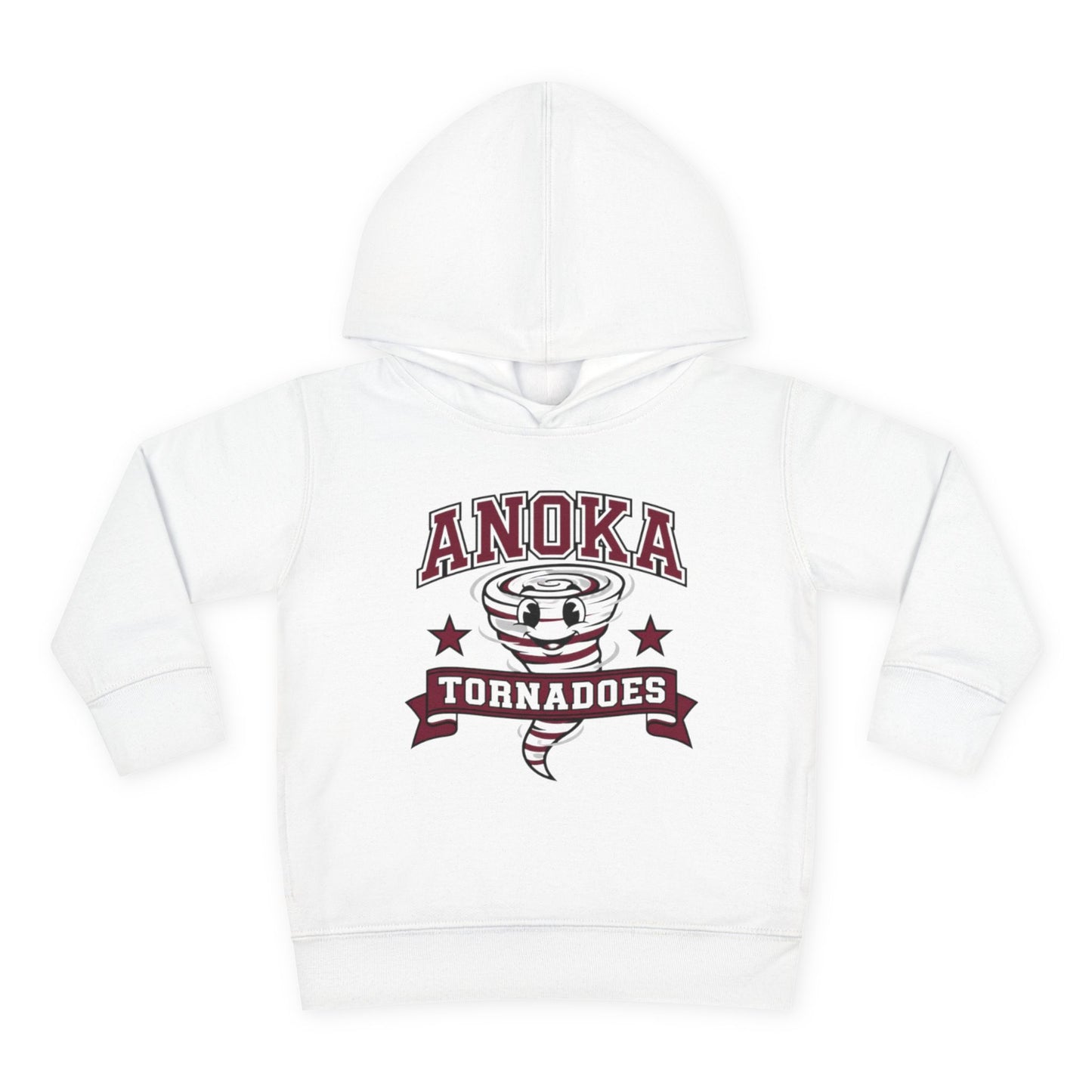 Anoka Tornadoes toddler hoodie in white featuring a playful tornado graphic and retro design