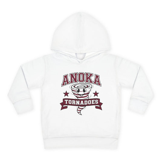 Anoka Tornadoes toddler hoodie in white featuring a playful tornado graphic and retro design