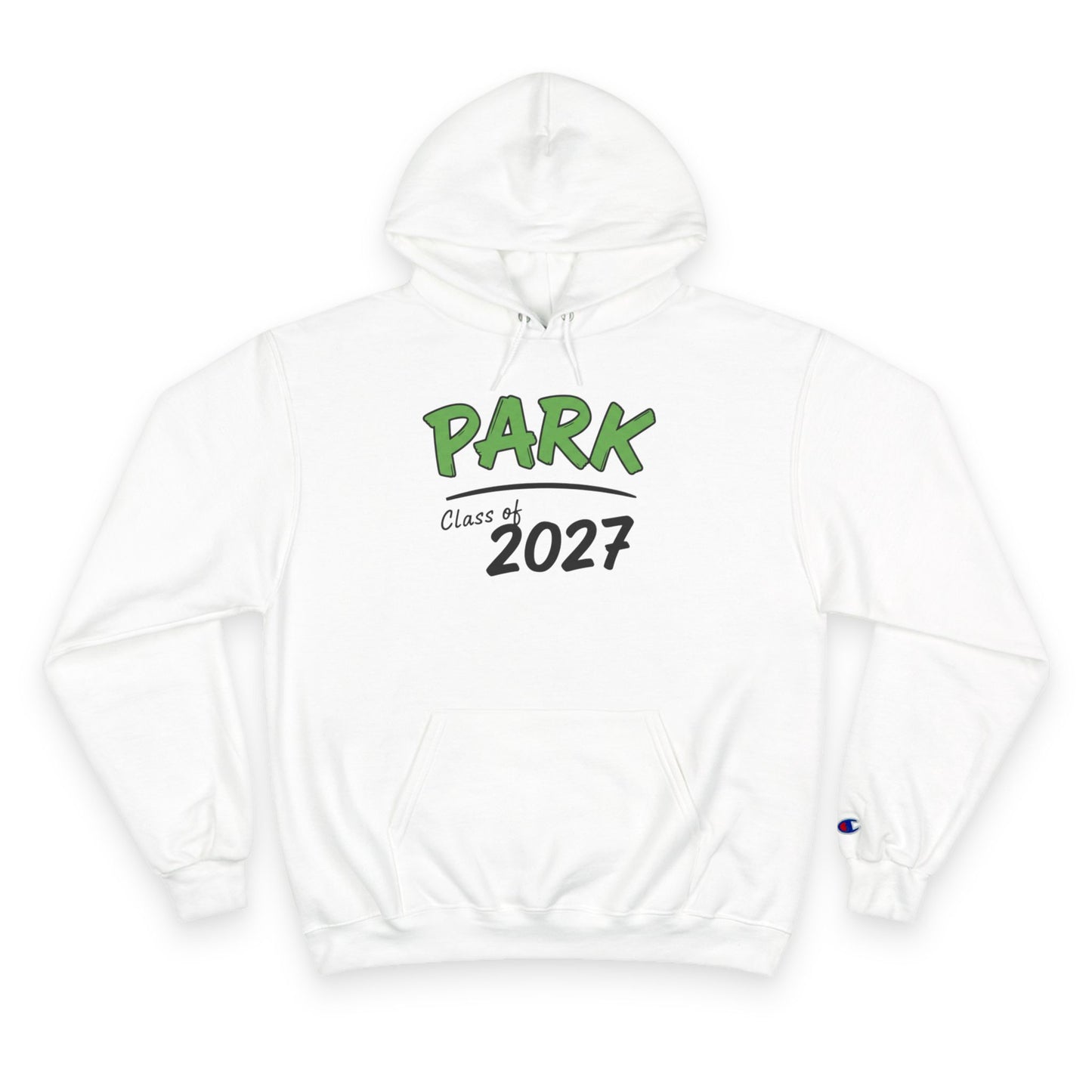 Class of 2027 unisex hoodie in white with green 'PARK' design and kangaroo pocket.