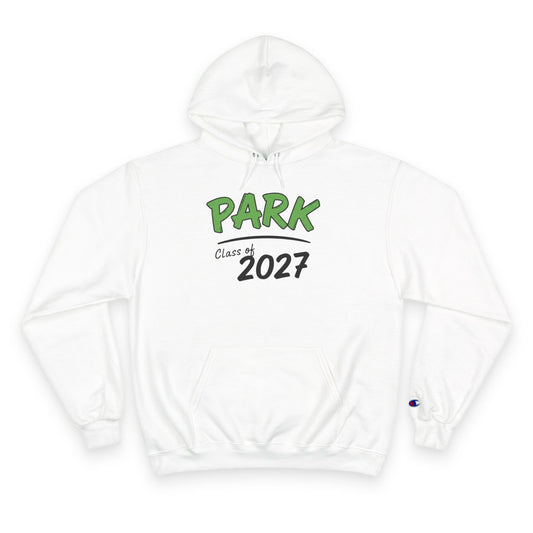 Class of 2027 unisex hoodie in white with green 'PARK' design and kangaroo pocket.