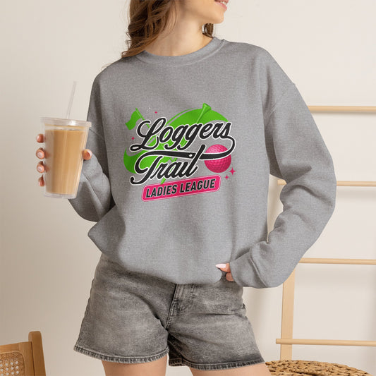 Loggers Trail ladies crewneck sweatshirt in sport grey featuring vibrant graphic and relaxed fit, perfect for casual outings.