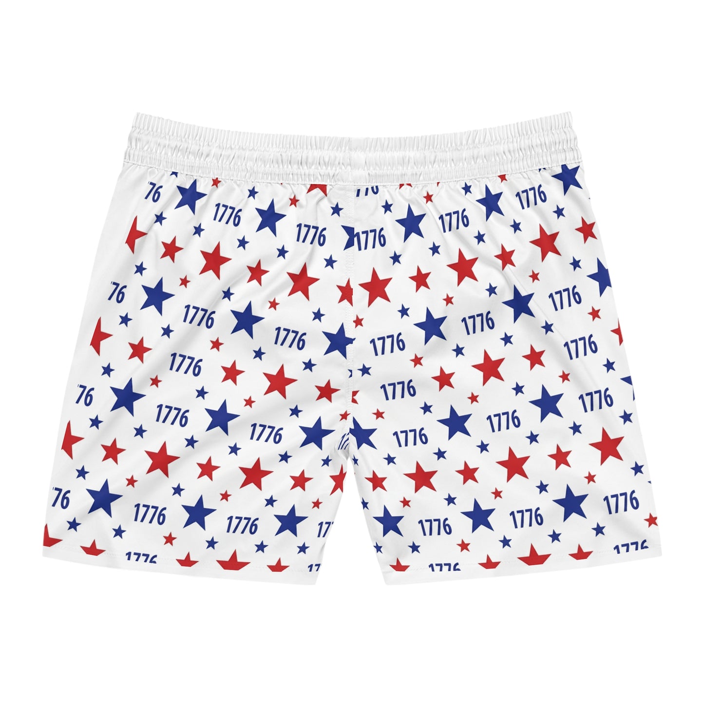 American flag swim shorts with red and blue stars, celebrating America's spirit and 250th anniversary.