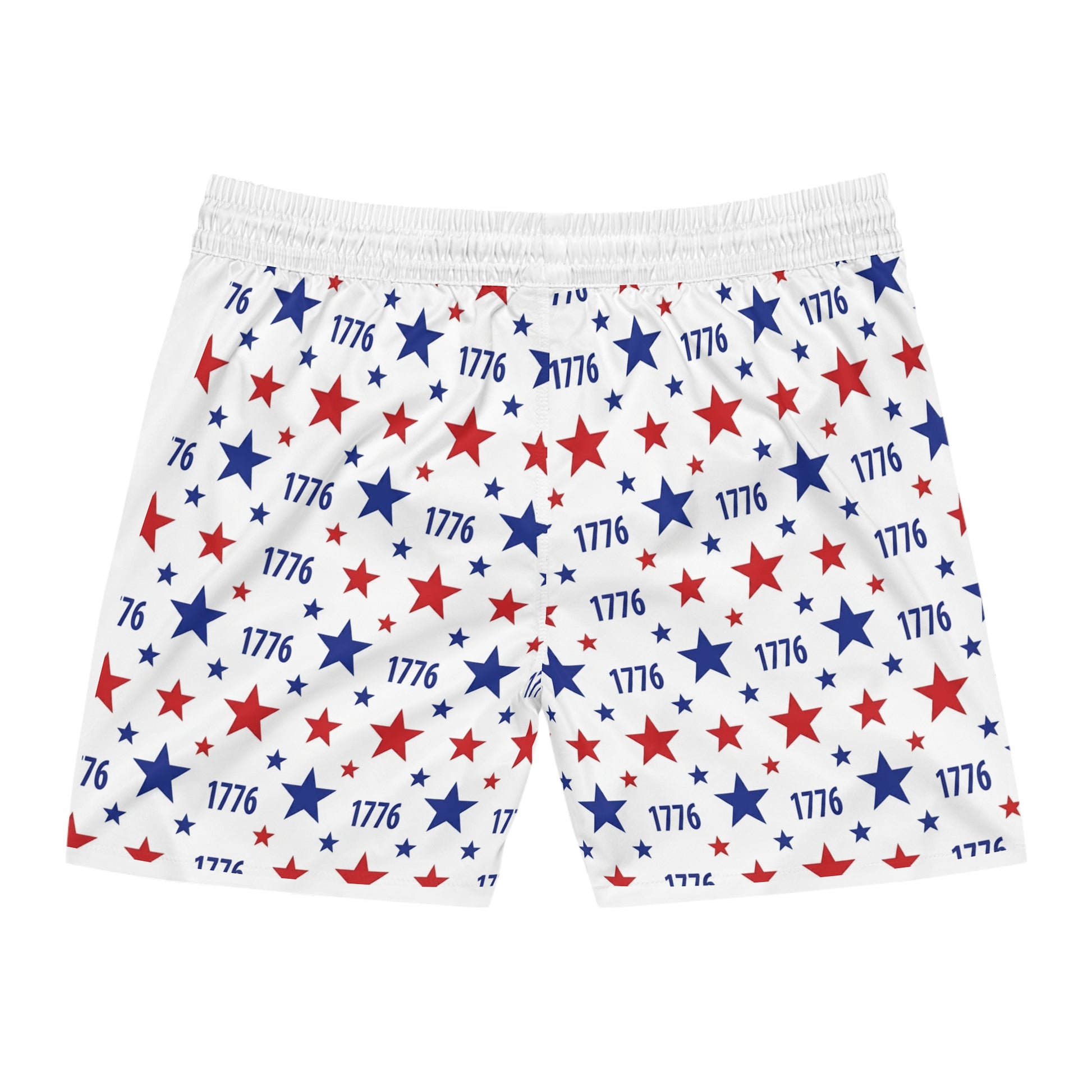 American flag swim shorts with red and blue stars, celebrating America's spirit and 250th anniversary.
