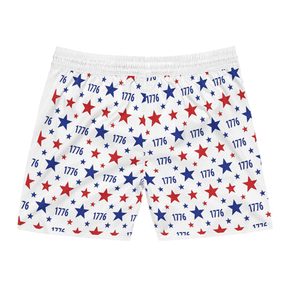 American flag swim shorts with red and blue stars, celebrating America's spirit and 250th anniversary.