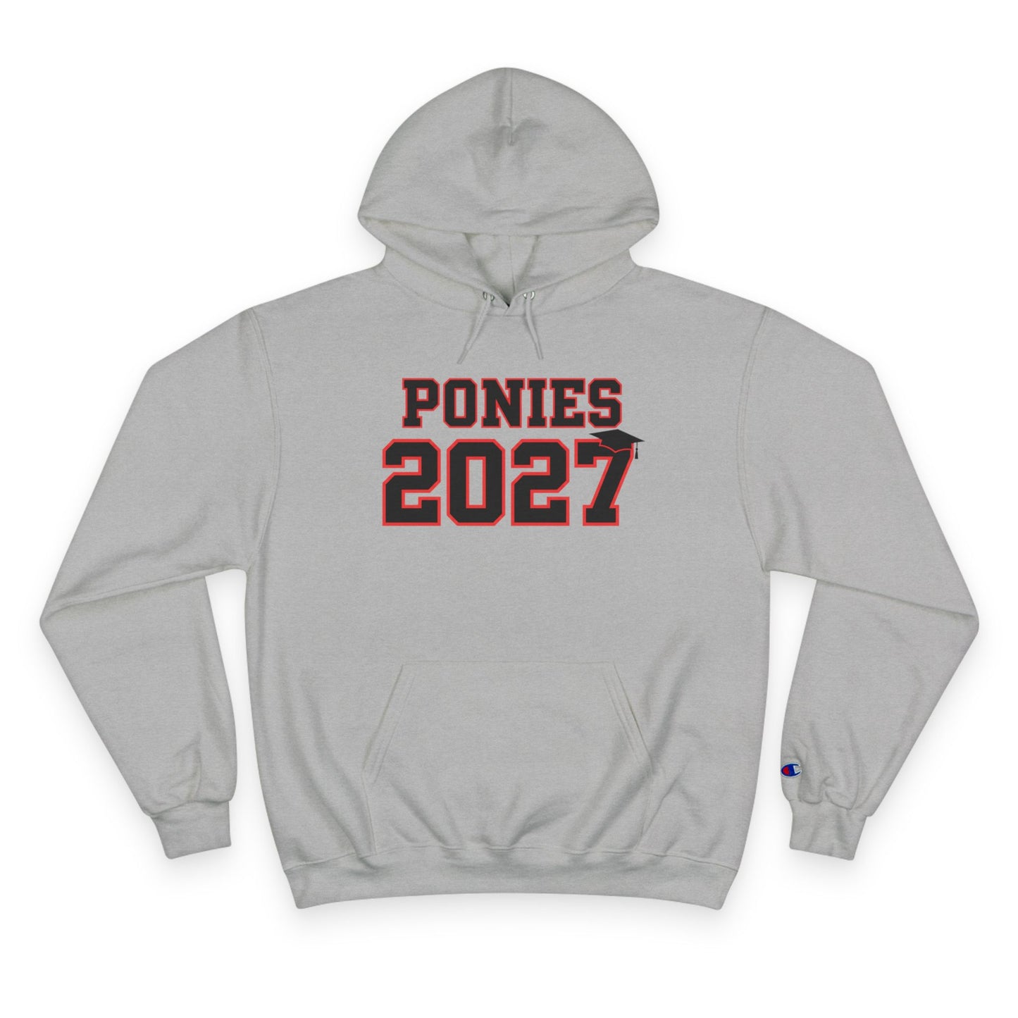 Light Steel unisex champion hoodie featuring PONIES 2027 graphic and kangaroo pocket for casual comfort.