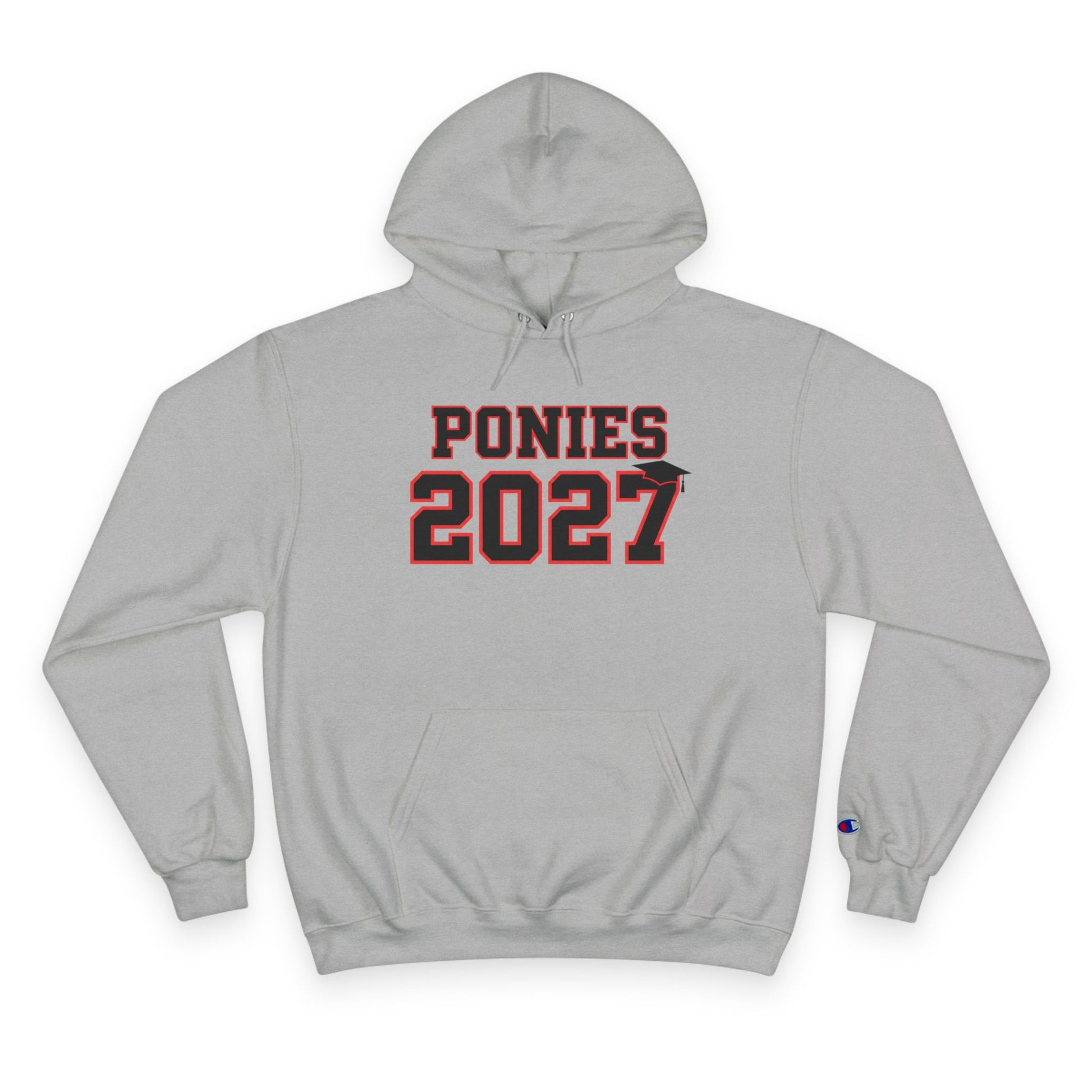 Light Steel unisex champion hoodie featuring PONIES 2027 graphic and kangaroo pocket for casual comfort.