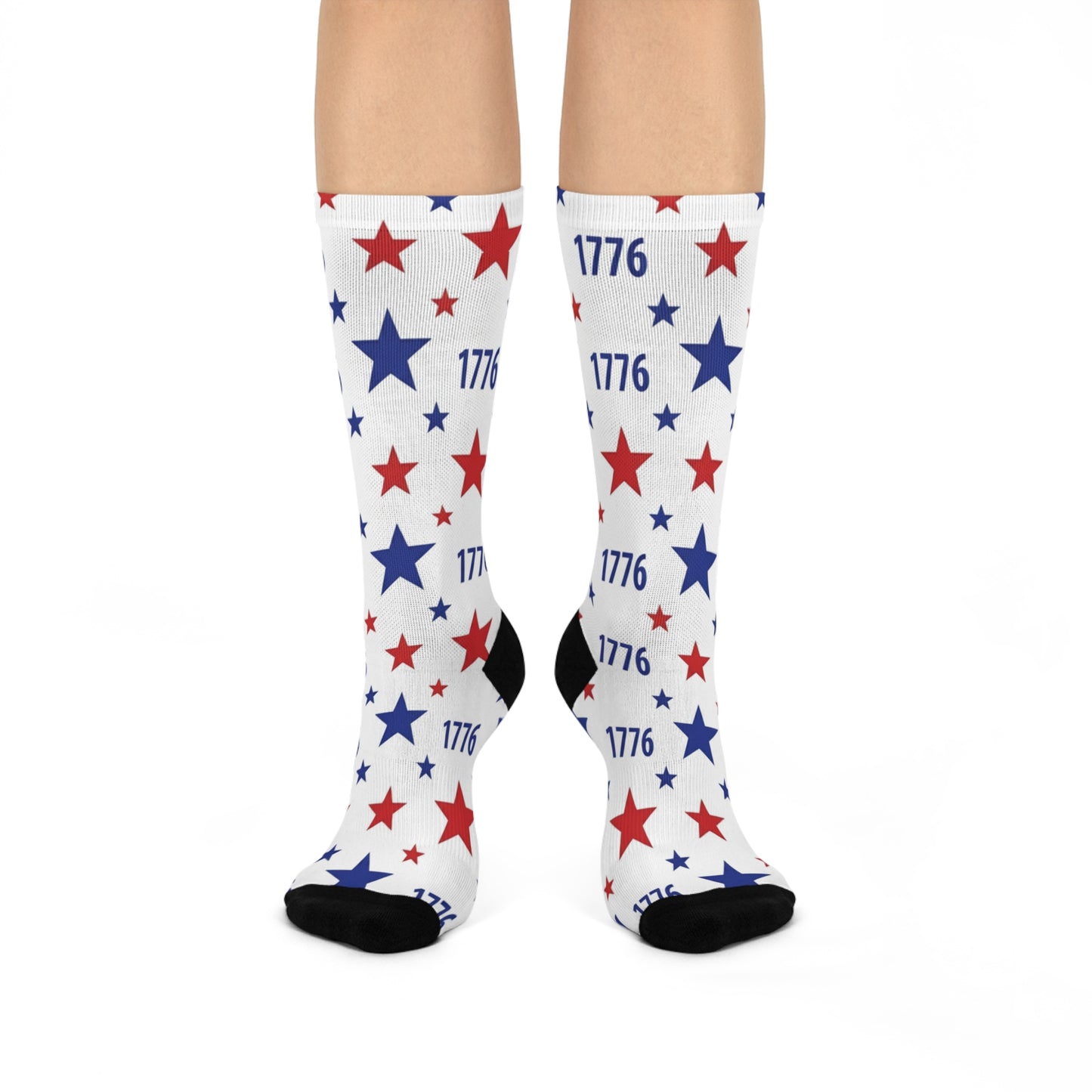 Cushioned crew socks featuring red and blue stars celebrating America's 250th anniversary.