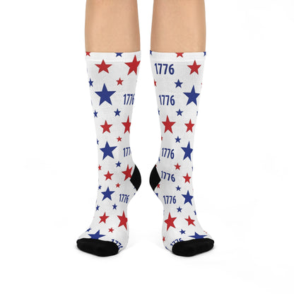 Cushioned crew socks featuring red and blue stars celebrating America's 250th anniversary.