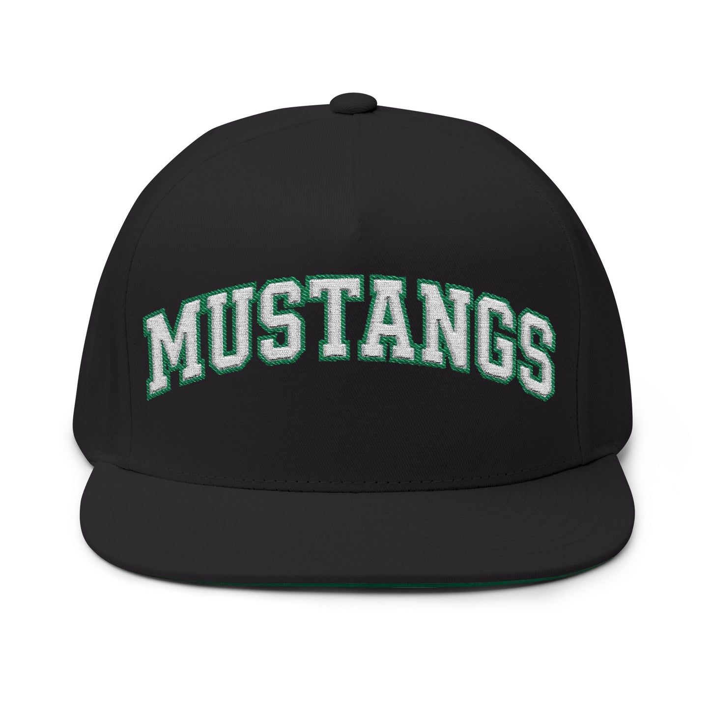Mounds View Mustangs Embroidered White Text Flat Bill Cap — School Spirit Snapback