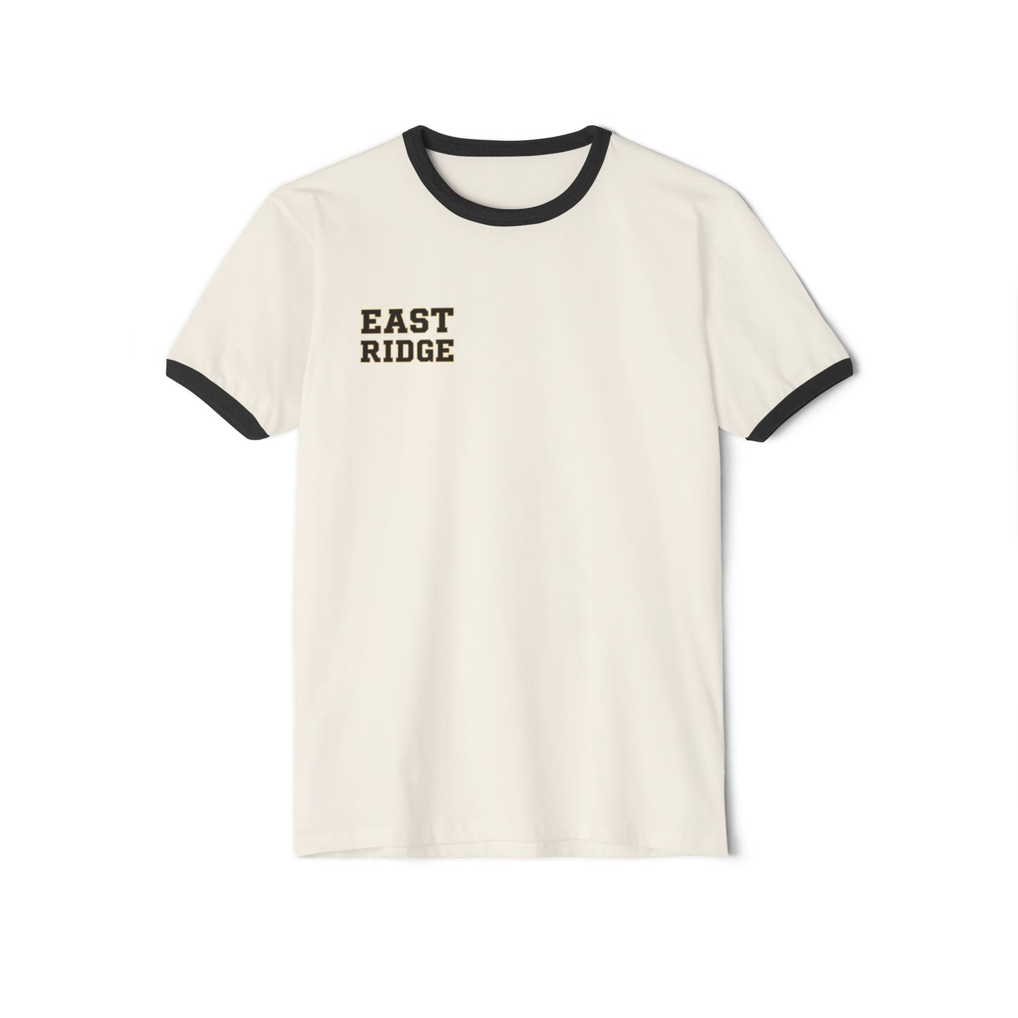 Vintage collegiate ringer tee in natural and black, featuring East Ridge text on soft, comfortable fabric.