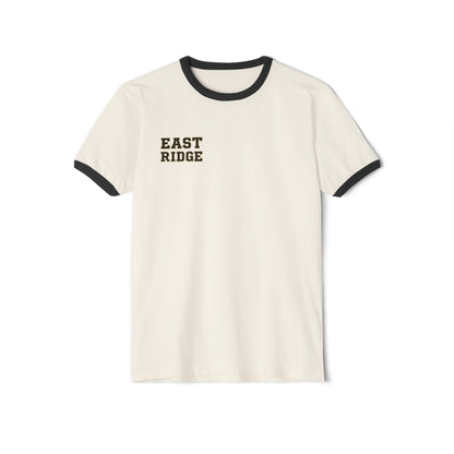 Vintage collegiate ringer tee in natural and black, featuring East Ridge text on soft, comfortable fabric.