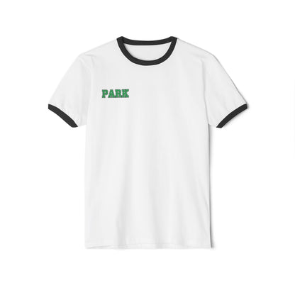 Vintage-inspired college ringer tee with black collar and sleeves, featuring 'PARK' emblem on a white background.