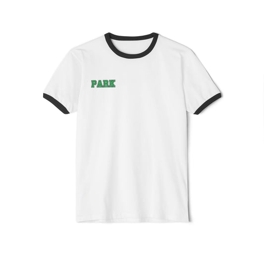 Vintage-inspired college ringer tee with black collar and sleeves, featuring 'PARK' emblem on a white background.