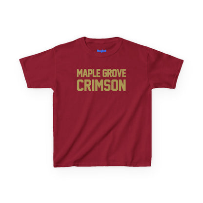 Maple Grove Crimson Kids Tee — Youth Shirt with Mascot Back Print