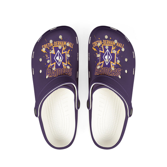 Cretin Derham Hall personalized foam rubber clogs featuring a bold purple design with raider graphics.