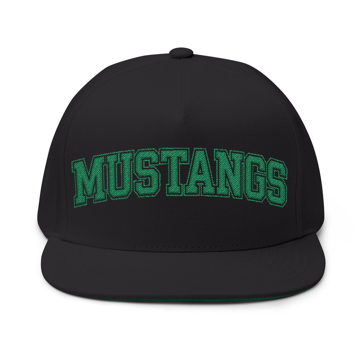 Mounds View Mustangs Embroidered Green Text Flat Bill Cap — School Spirit Snapback