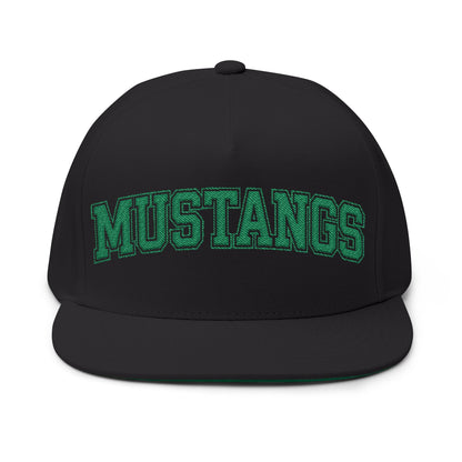 Mounds View Mustangs Embroidered Green Text Flat Bill Cap — School Spirit Snapback