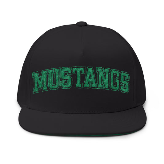 Mounds View Mustangs Embroidered Green Text Flat Bill Cap — School Spirit Snapback