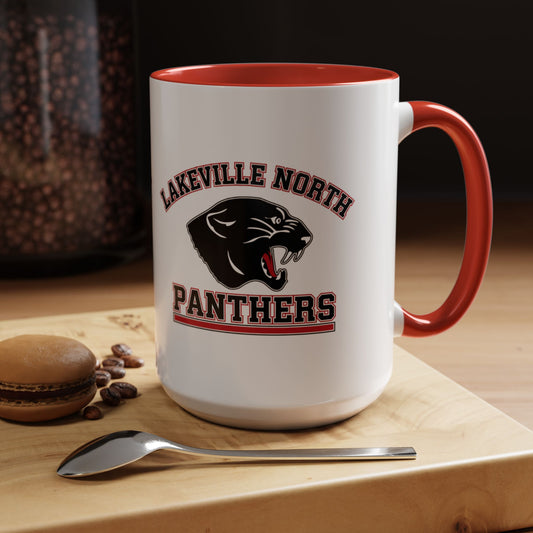 Lakeville North Panthers coffee mug featuring a red interior, perfect for morning coffee and cozy evenings.