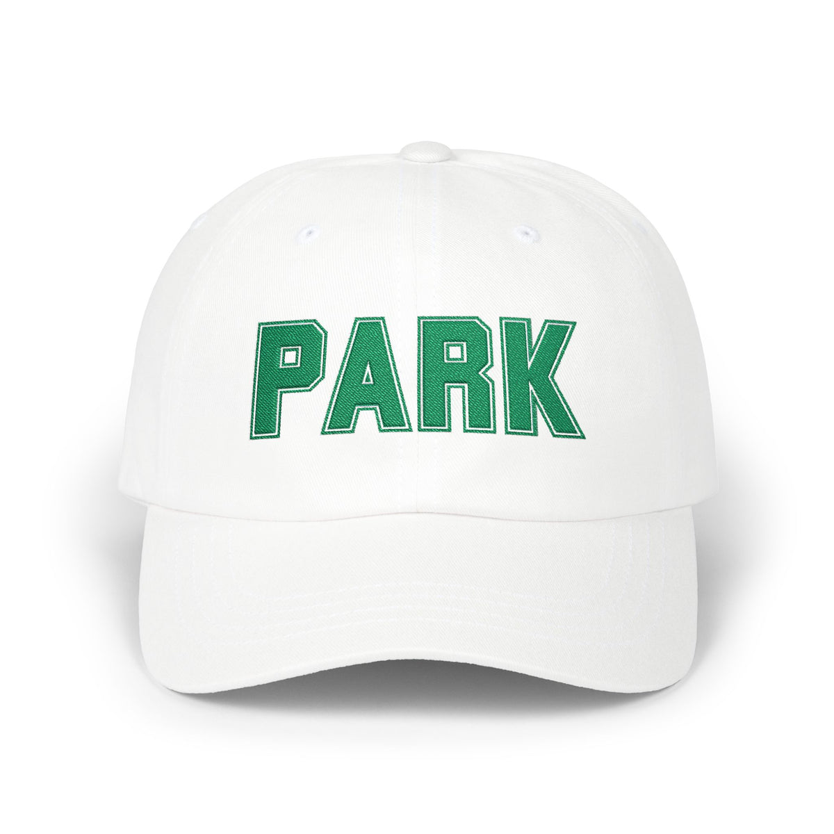 Park Embroidered Cap — Vintage Green Lettering Baseball Hat
