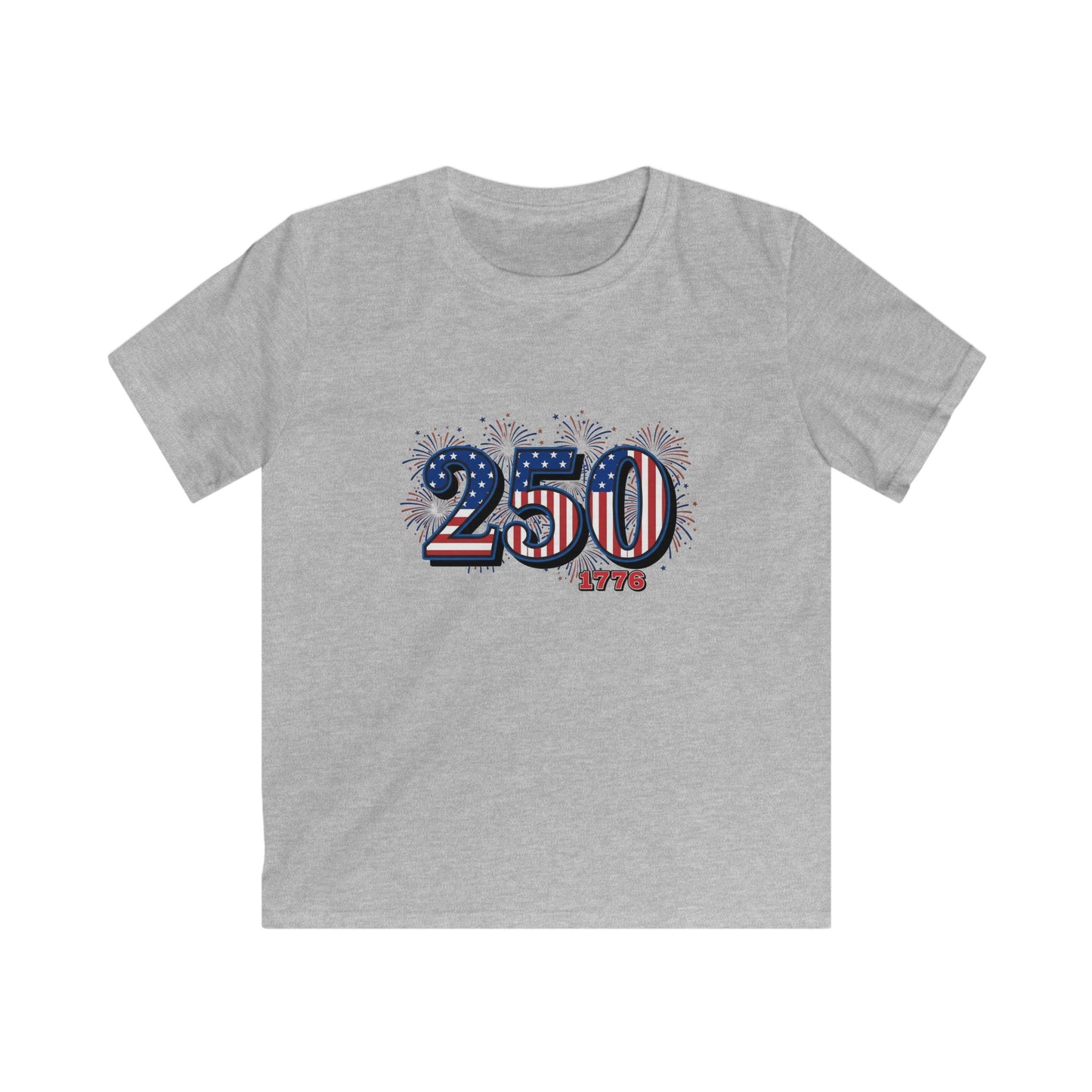 America's 250th anniversary shirt - cheerful kids tee with red, white, and blue design and fireworks.