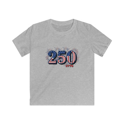 America's 250th anniversary shirt - cheerful kids tee with red, white, and blue design and fireworks.