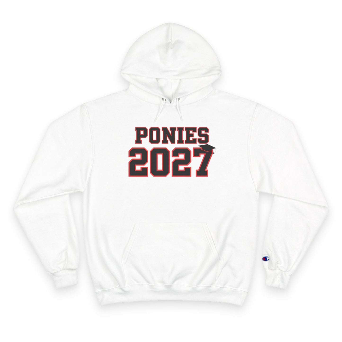 White unisex champion hoodie with 'Ponies 2027' graphic, perfect for casual comfort and school spirit.