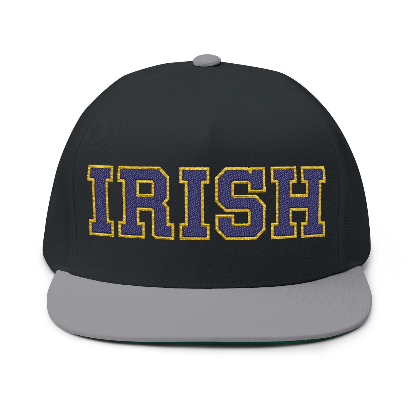 Rosemount Irish embroidered flat bill cap with bold "IRISH" lettering in purple on a black background.