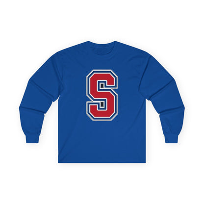 Simley Spartans Varsity S Letter Long Sleeve Tee — Spartan Helmet Back Graphic