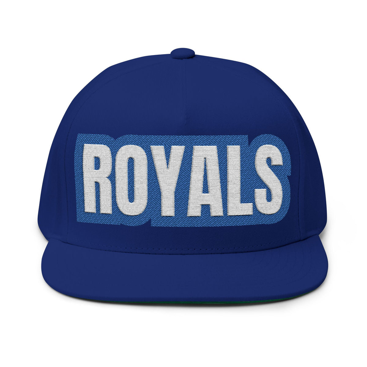 Woodbury Royals Embroidered White Text Flat Bill Cap — School Spirit Snapback