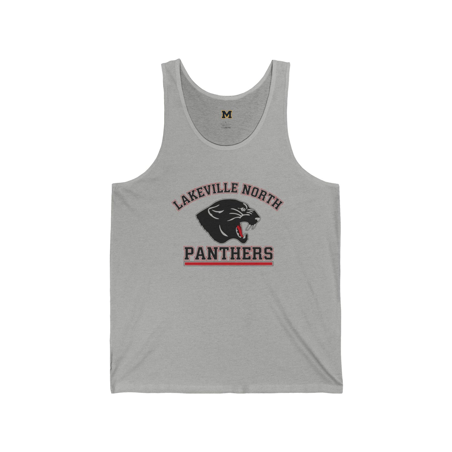 Lakeville North ladies athletic tank top in Athletic Heather with bold Panthers logo for sports enthusiasts.