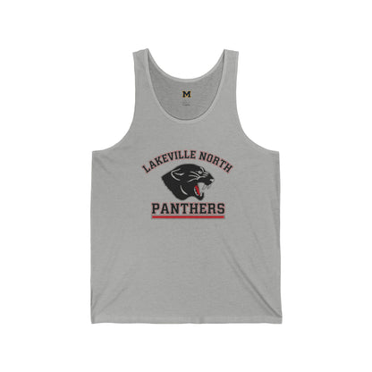 Lakeville North ladies athletic tank top in Athletic Heather with bold Panthers logo for sports enthusiasts.