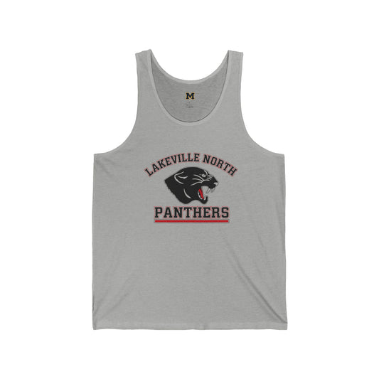 Lakeville North ladies athletic tank top in Athletic Heather with bold Panthers logo for sports enthusiasts.