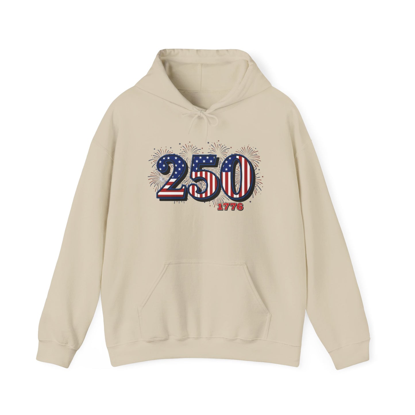 America 250th Anniversary Hoodie in beige with fireworks and '250' design celebrating 250 years.
