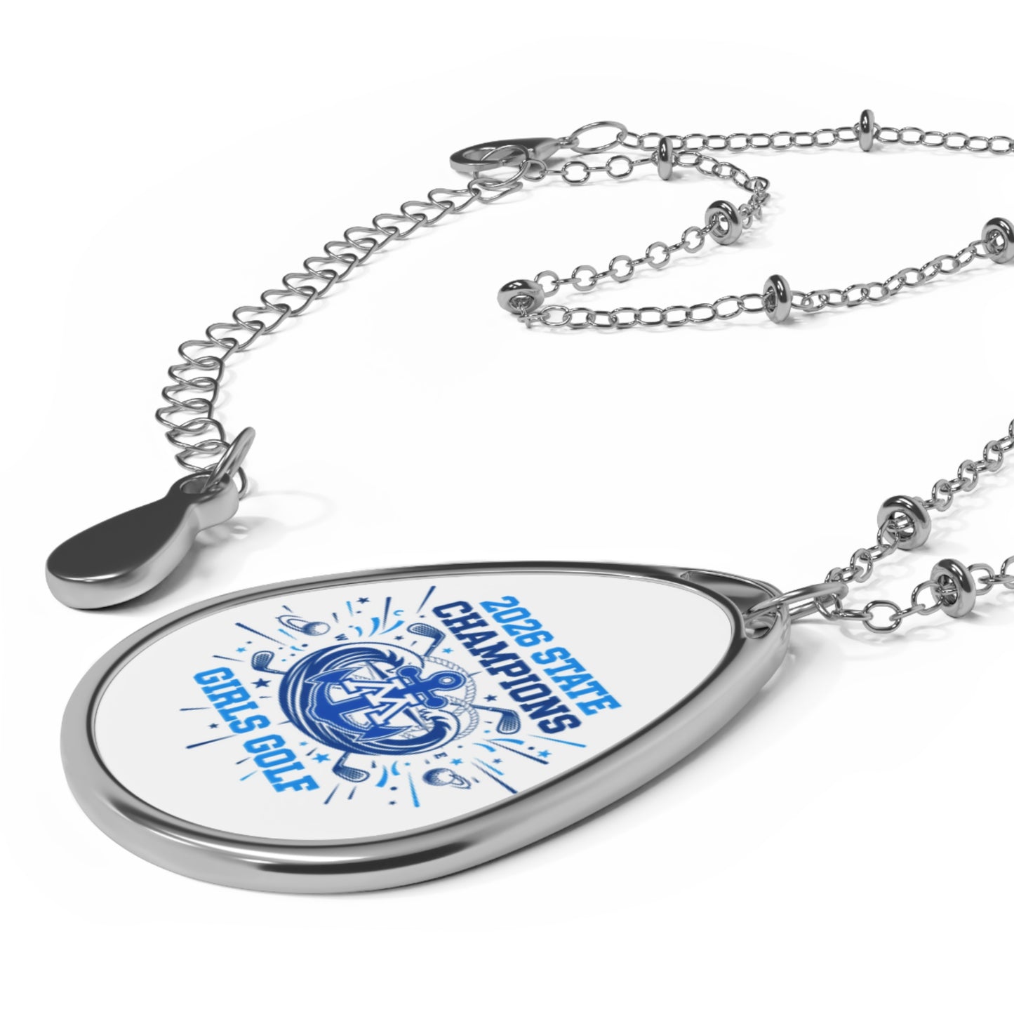 Minnetonka Skippers 2026 State Girls Golf Champions oval necklace showcasing team spirit and victory.