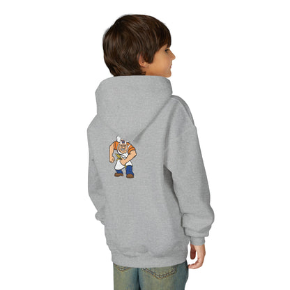 Youth Hoodie - Minneapolis Washburn Millers Orange & Blue 'W' School Logo with Mascot Back