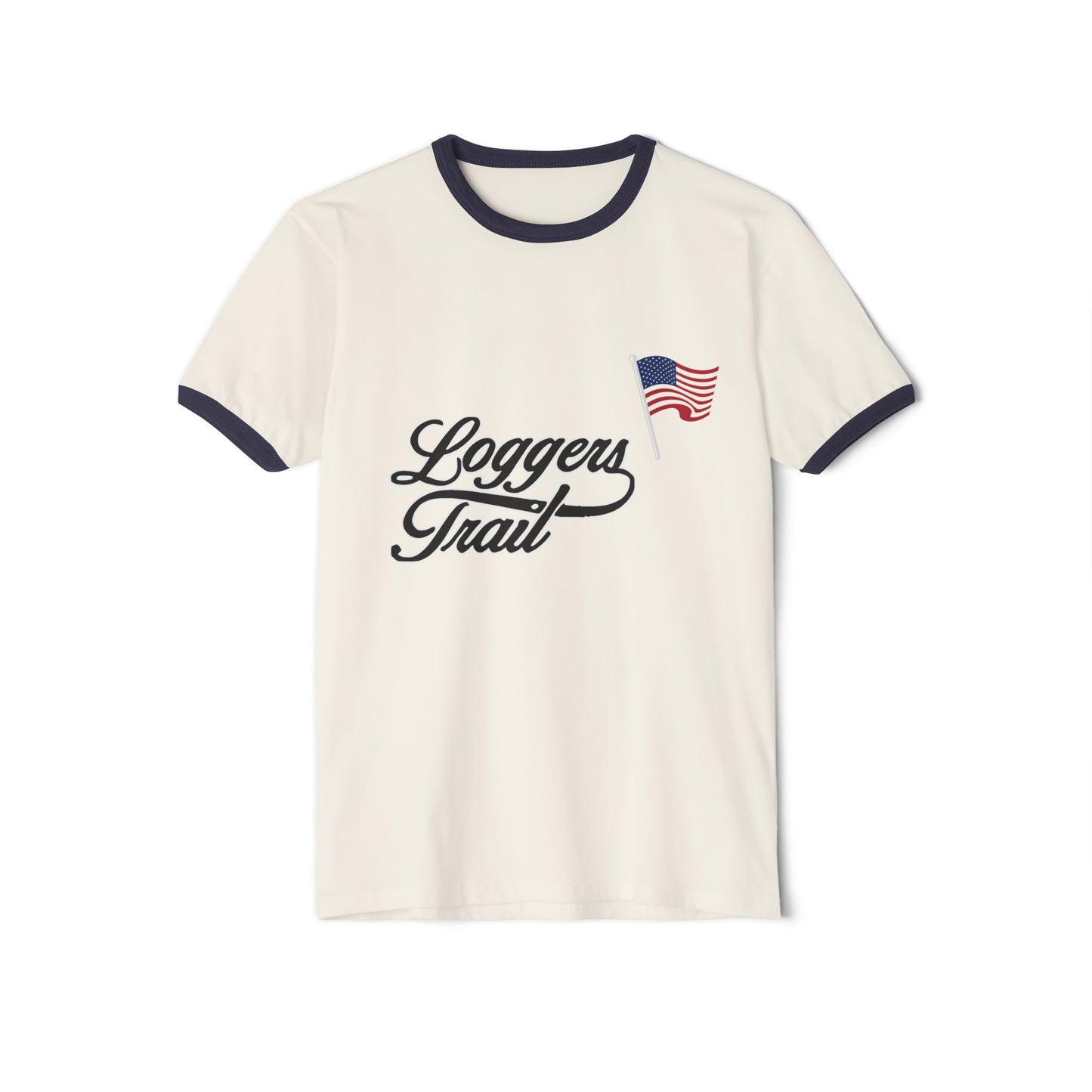 Logger's Trail vintage-inspired golf ringer tee with contrasting navy collar and American flag emblem.