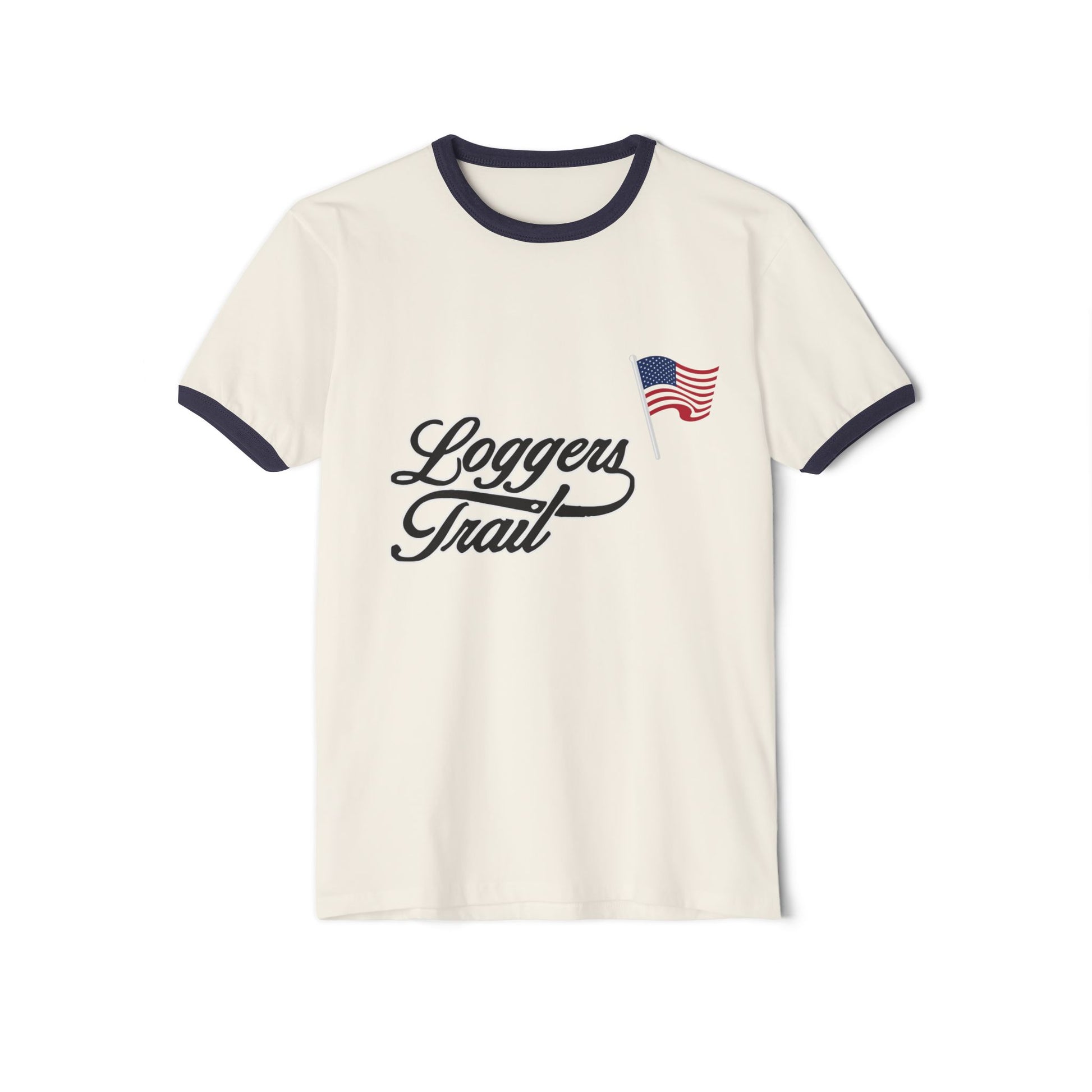 Logger's Trail vintage-inspired golf ringer tee with contrasting navy collar and American flag emblem.