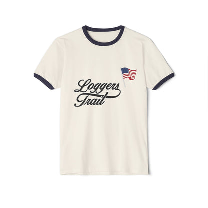 Logger's Trail vintage-inspired golf ringer tee with contrasting navy collar and American flag emblem.