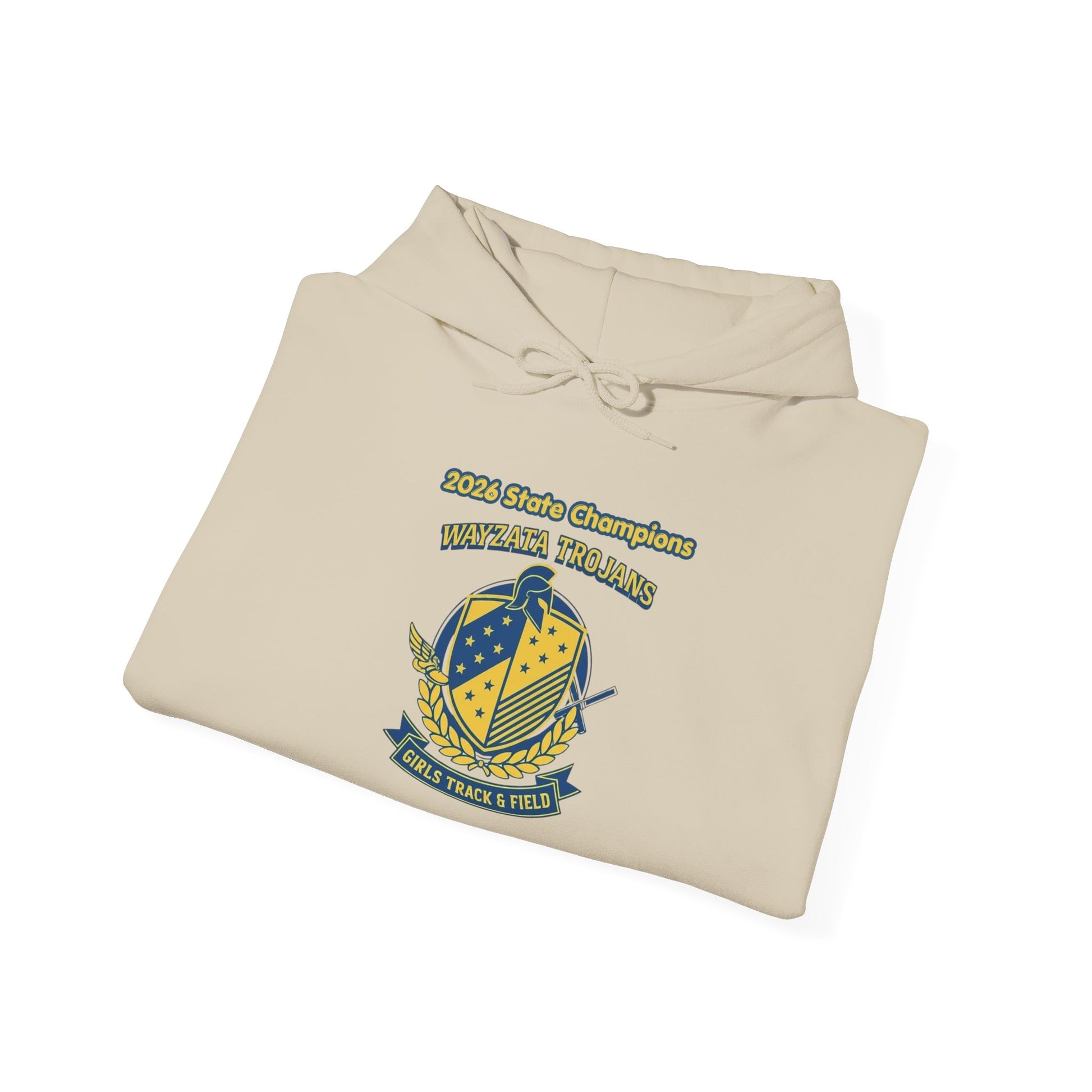Wayzata Trojans girls track championship hoodie celebrating the 2026 State Champions with logo and design.