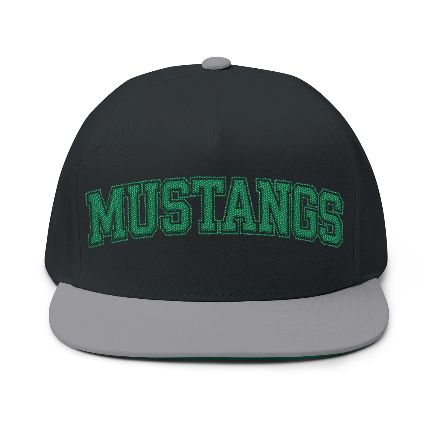 Mounds View Mustangs Embroidered Green Text Flat Bill Cap — School Spirit Snapback