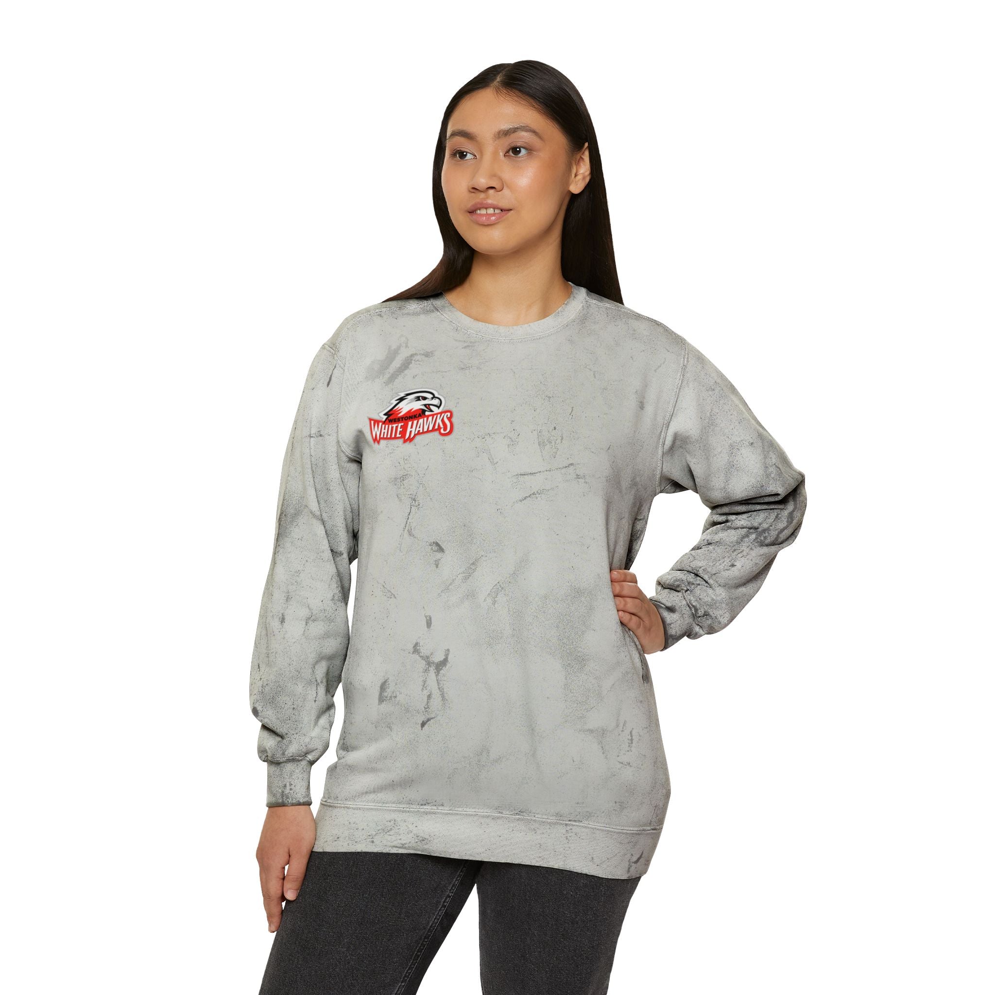 Mound Westonka White Hawks Color Blast Crewneck Sweatshirt for a Vibrant Vibe, Unisex Tie-Dye Fashion