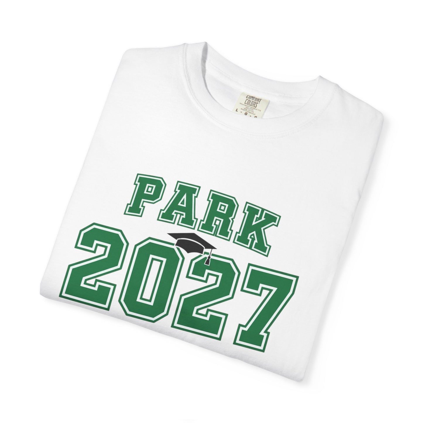 Vintage collegiate t-shirt featuring 'PARK 2027' design on a white cotton fabric, perfect for summer gatherings.