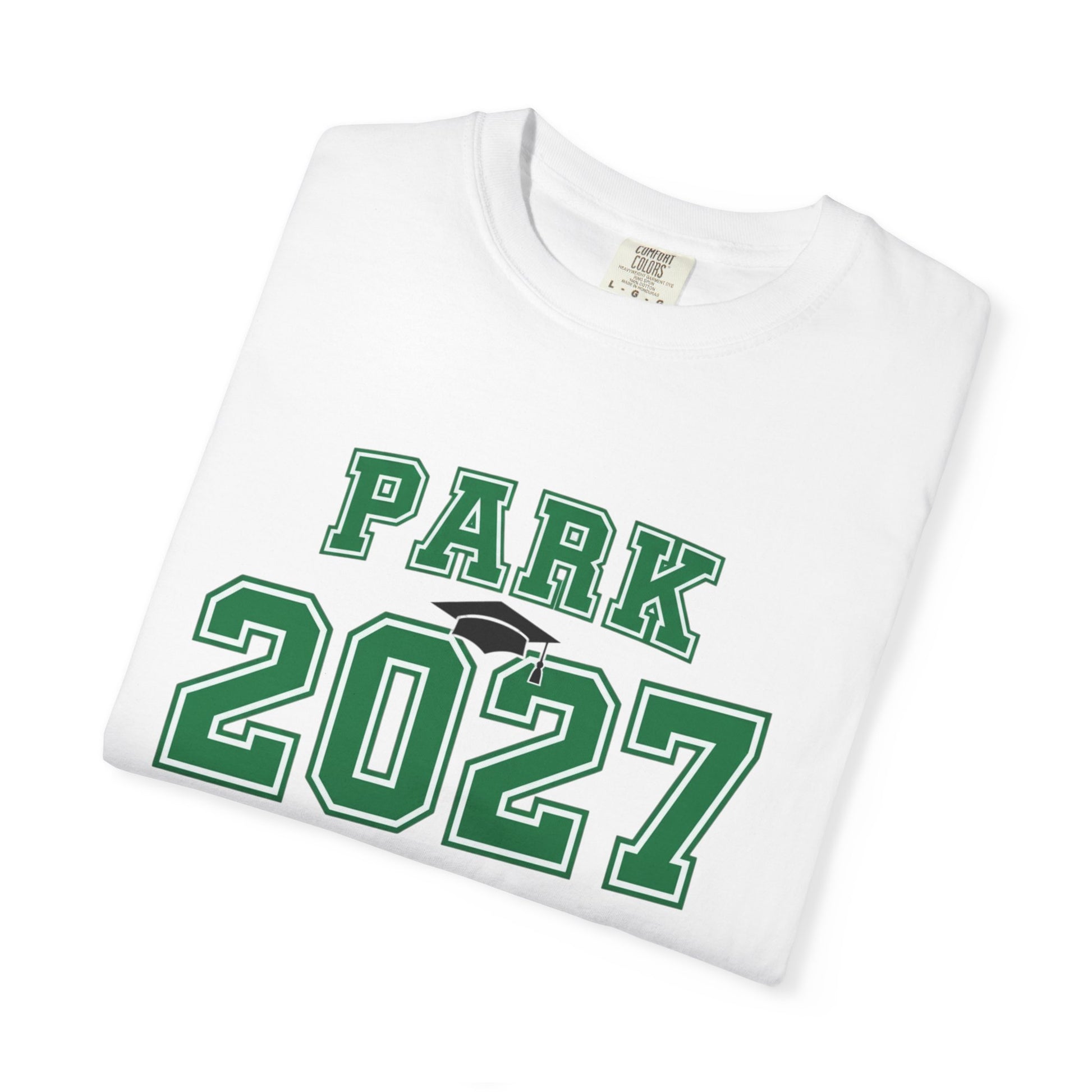 Vintage collegiate t-shirt featuring 'PARK 2027' design on a white cotton fabric, perfect for summer gatherings.