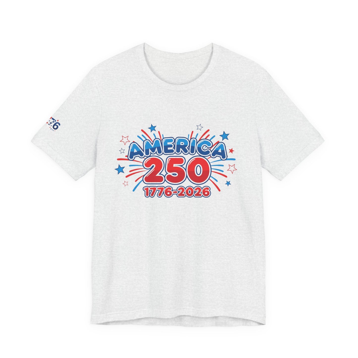 250th anniversary tee featuring America 250 graphic with stars and bold colors, perfect for patriotic celebrations.