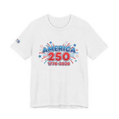 250th anniversary tee featuring America 250 graphic with stars and bold colors, perfect for patriotic celebrations.