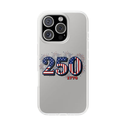 American flag iPhone case featuring 250 and fireworks design for 250th Anniversary celebration.