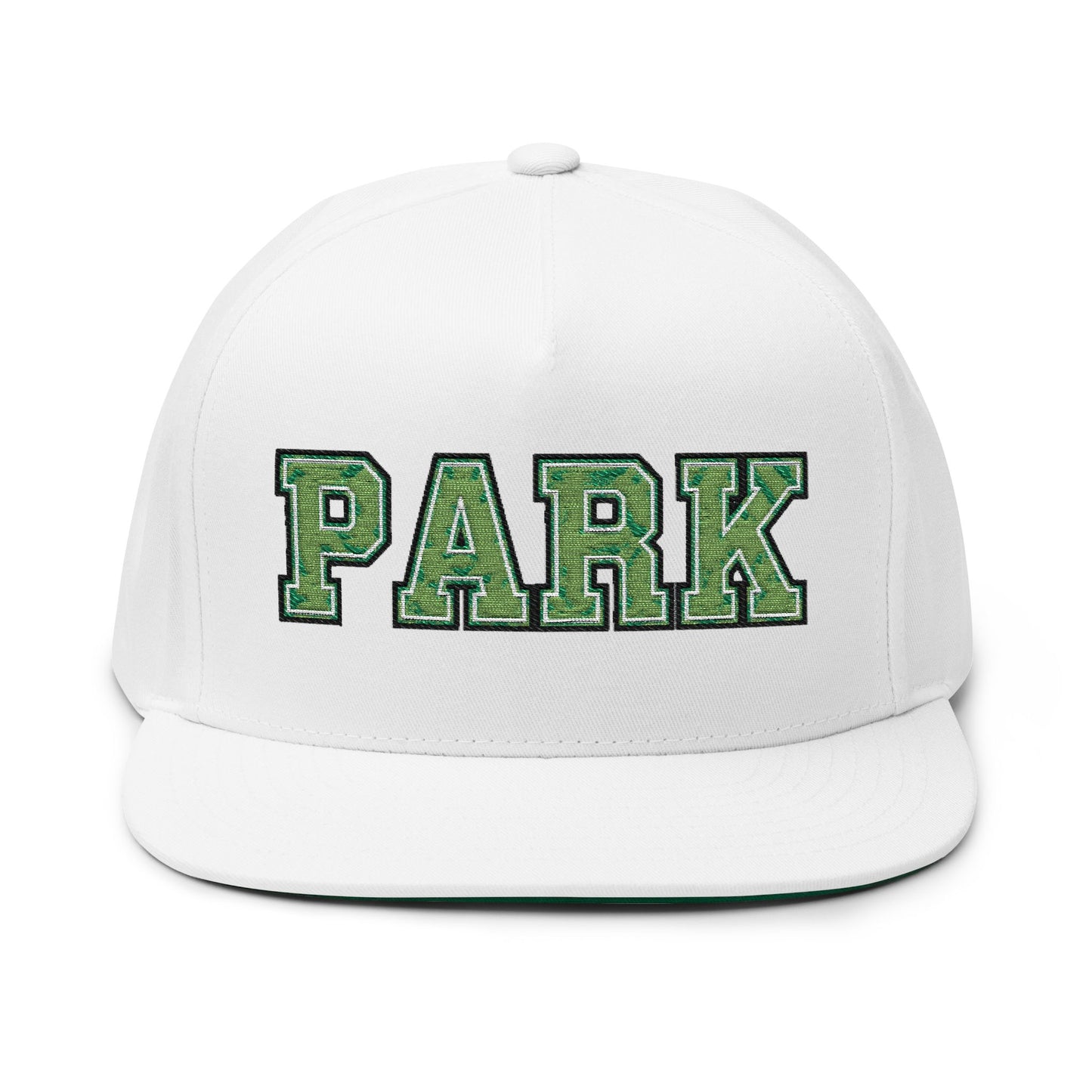 Embroidered flat bill cap in white with green "PARK" lettering, structured five-panel design.