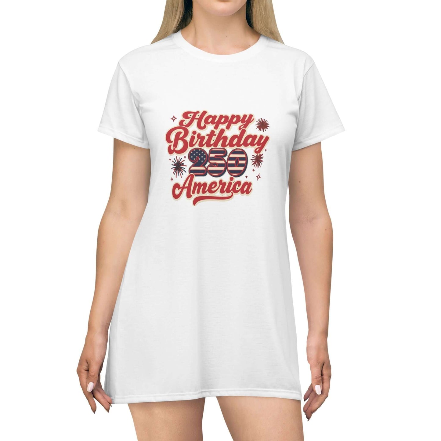 Patriotic T-Shirt Dress - 250th Happy Birthday America with celebratory graphic for summer events.